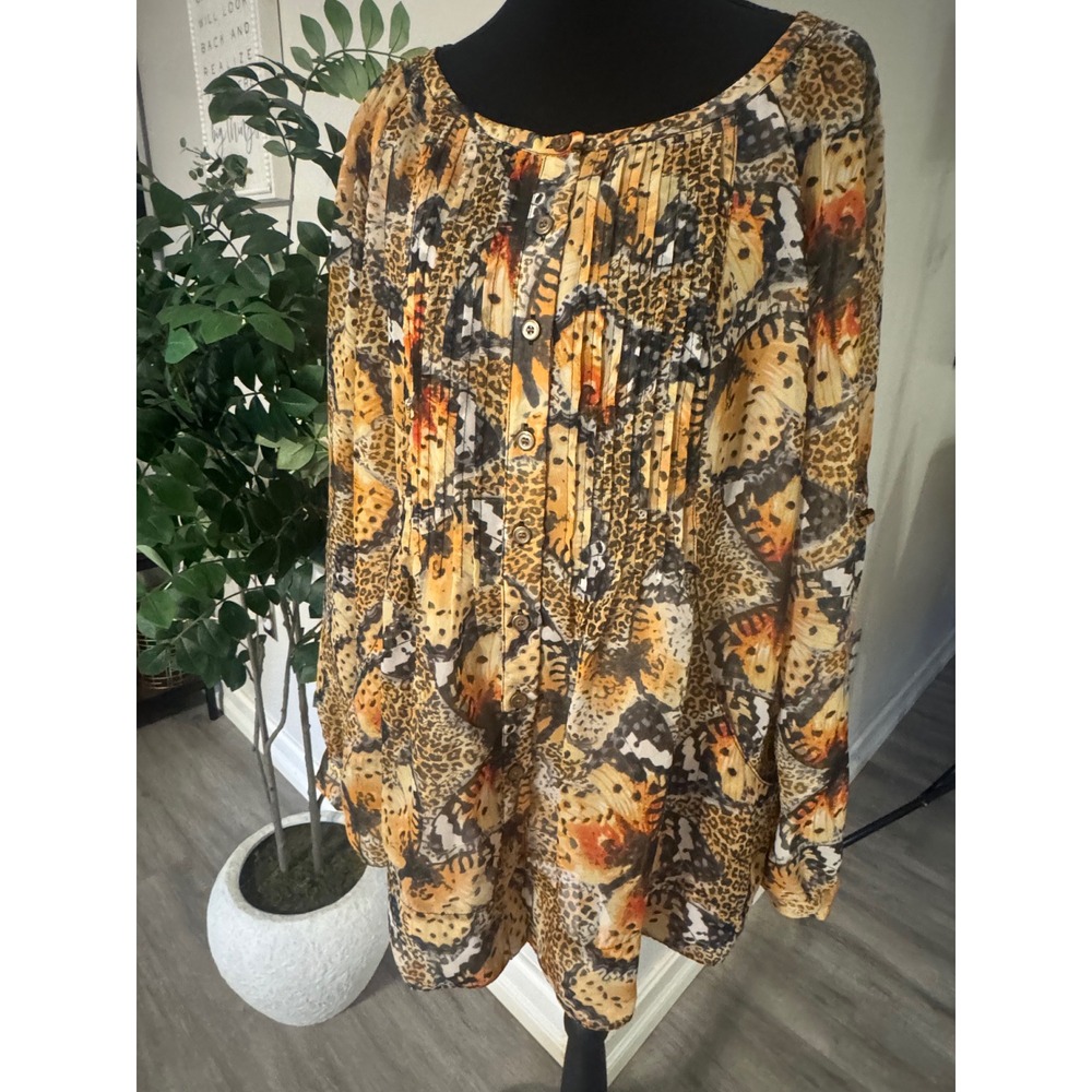 Grace Elements Butterfly Leopard Print Pleated Bib Tunic Blouse XL Orange Brown